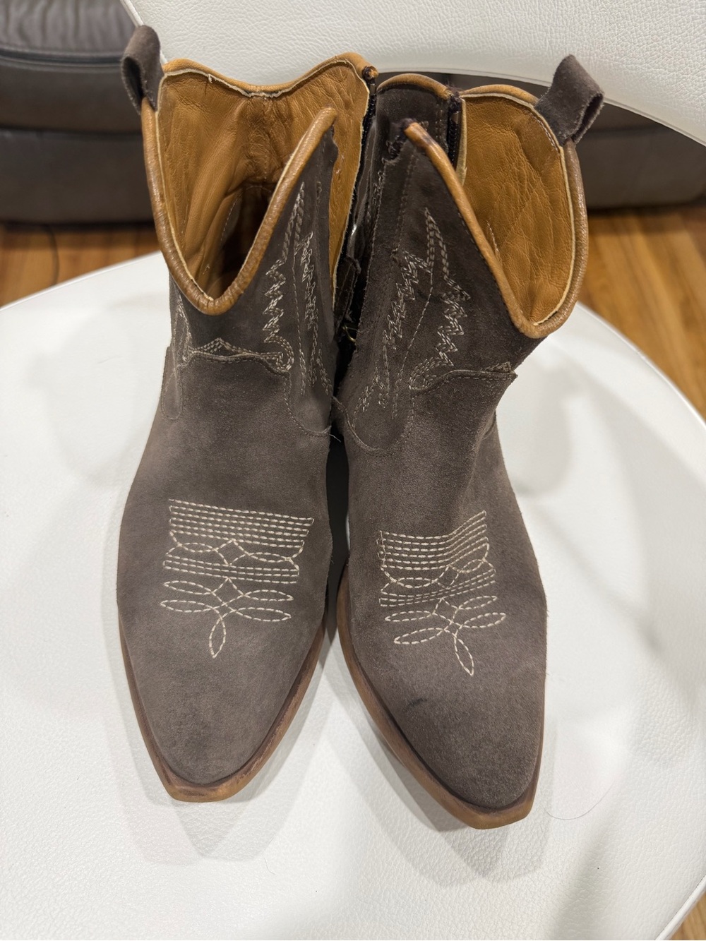 Women’s Genuine Leather Western Ankle Boots Gray Embroidered Cowboy Booties